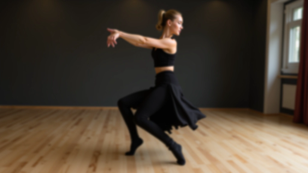Adult dancer performing flowing contemporary movement in studio, leaning backward with arms extended, demonstrating body control