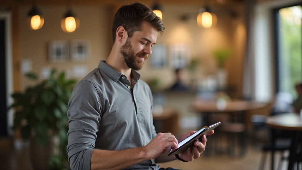 Student checking class schedule on tablet while sitting in modern learning center with other students in background