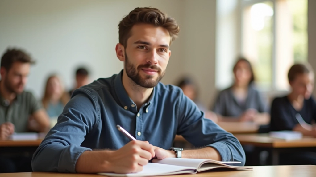 Adult students seated at desk with notebooks during language lesson in bright classroom environment