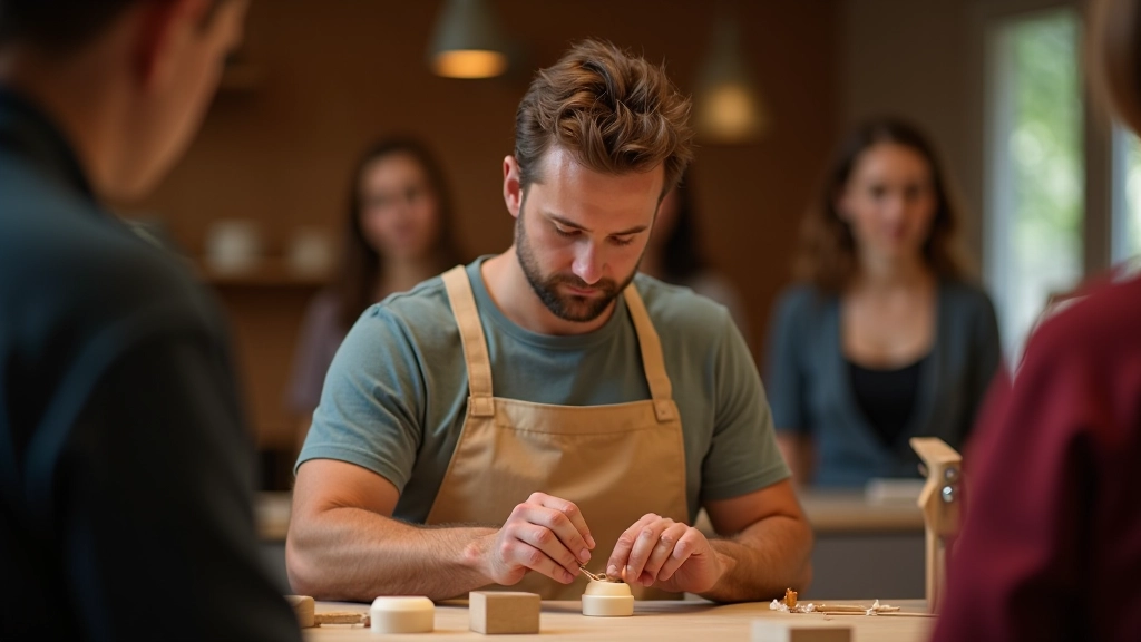Instructor demonstrating candle pouring technique to attentive students at wooden work station with melted wax and molds visible