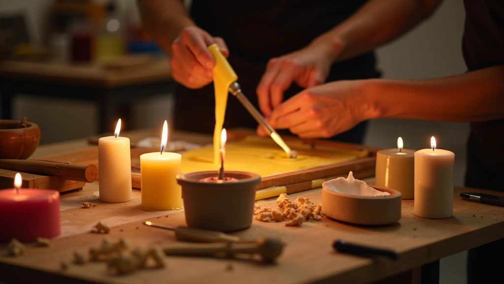 Creative workshop with candle making materials and finished candles