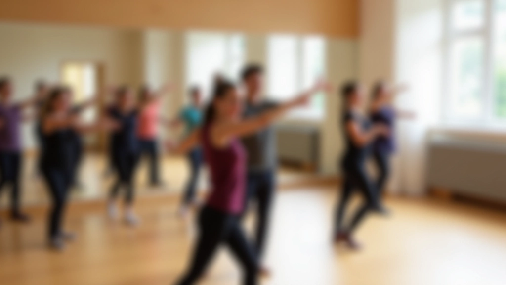 Dance instructor demonstrating movement to group of adult beginners in studio with mirrors and wooden floor