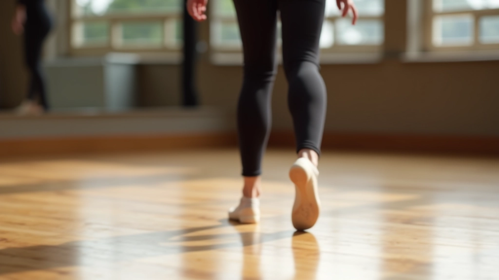 Close-up of dance instructor's feet demonstrating footwork pattern, wearing professional dance shoes on wooden studio floor