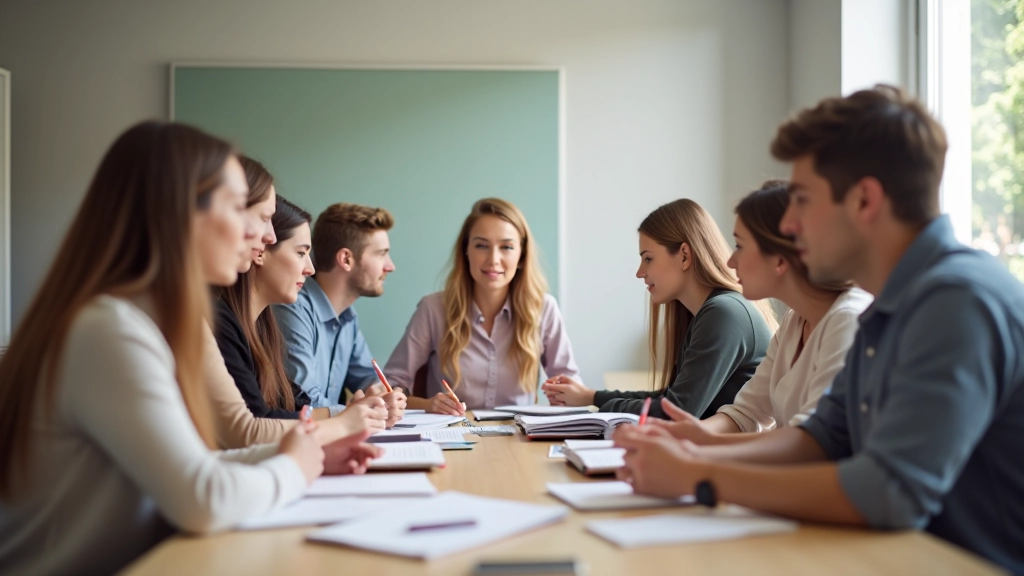 Diverse group of adult students in classroom working together on language exercises with textbooks and notes
