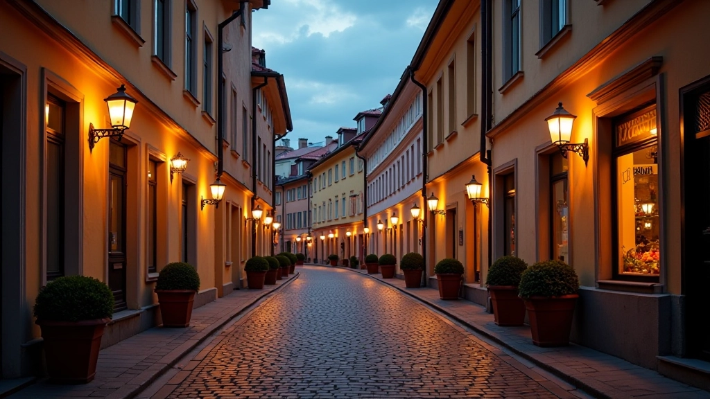 Street view of historic Vilnius Old Town with evening lantern light illuminating narrow cobblestone street and traditional buildings