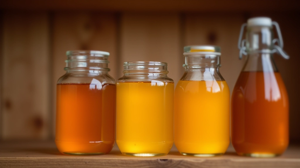 Glass containers with mead at different fermentation stages showing color progression from clear to deep amber