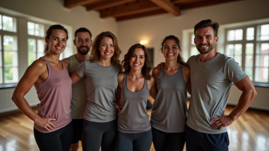 Group of adult dancers in studio during practice, laughing and adjusting their positioning, showing camaraderie and relaxed atmosphere