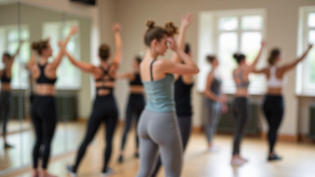 Group of adult dance students in studio, standing in loose formation during warm-up stretches, bright natural light from windows