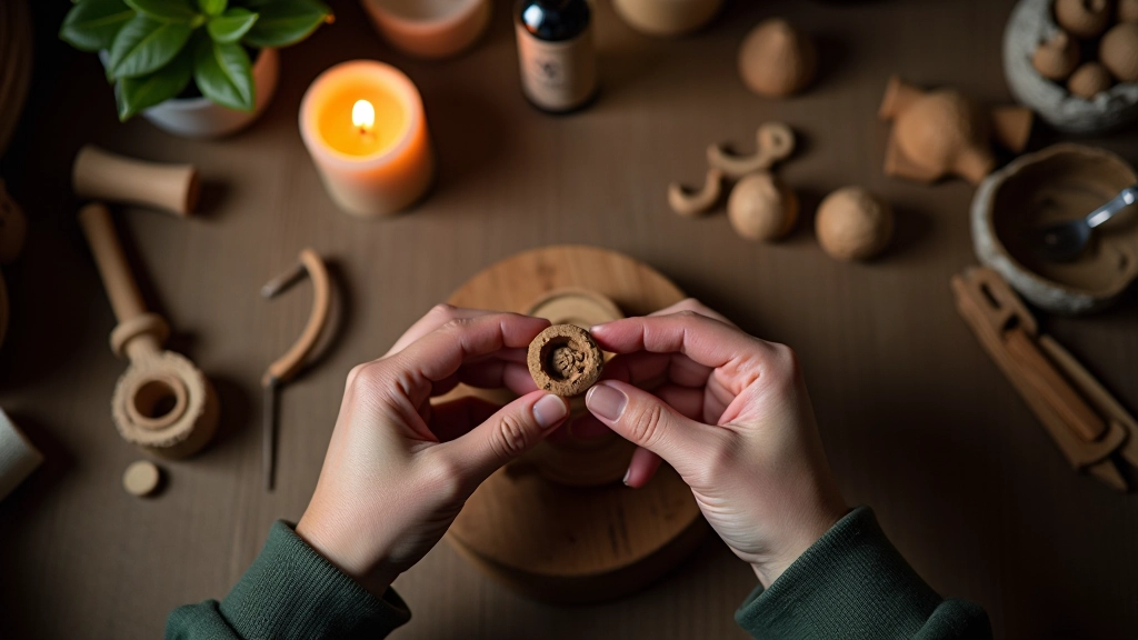 Artisan hands working with candle wax and woodcarving tools in well-lit creative workshop studio space