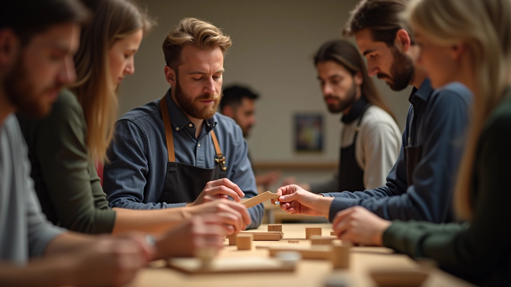 Instructor guiding adult students during hands-on woodcraft workshop with focused attention to detail