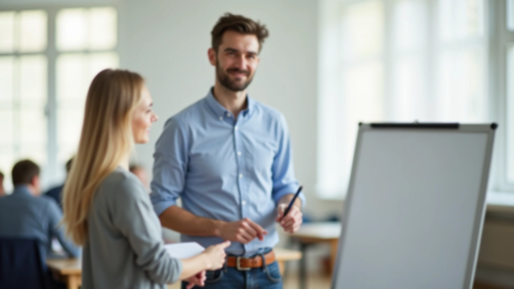 Language teacher writing grammar examples on whiteboard while adult student takes notes at desk in classroom setting