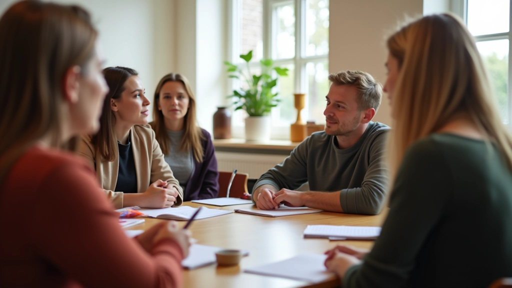 Adult language course classroom with students and instructor