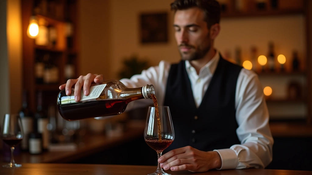 Sommelier pouring amber mead into tasting glass at intimate gathering in warm evening light
