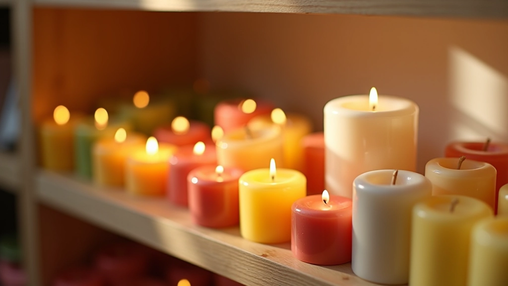 Finished candle products in various colors and shapes displayed on wooden shelf with natural lighting highlighting texture and detail