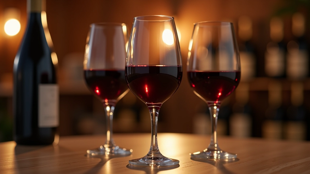 Wine glasses arranged on wooden table with bottles in soft evening light at tasting event