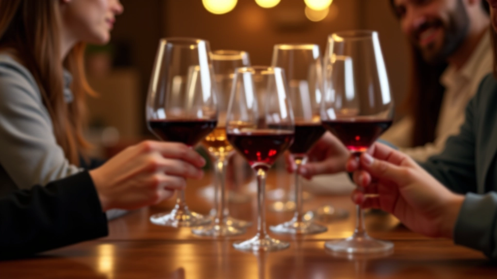 Hands holding wine glass during tasting with bottles and glasses arranged on tasting table in background