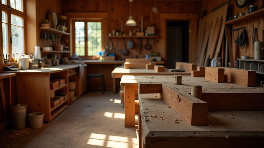 Woodcraft workshop with tools and wood pieces in progress