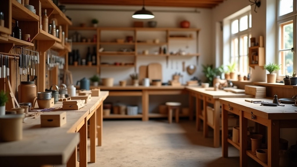 Workshop studio with wooden workbenches, natural materials, and organized tool displays in warm natural lighting